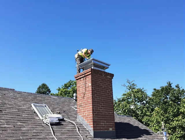 Hamden Chimney Sweep technician measuring a chimney cap in Hamden, CT
