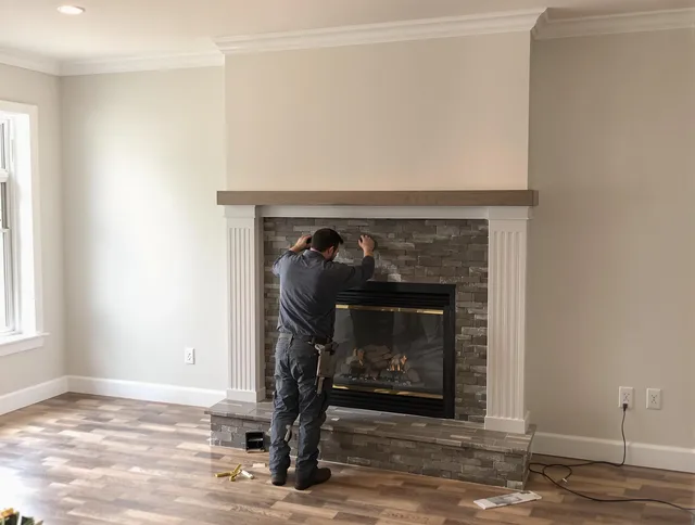 Hamden Chimney Sweep finishing a custom fireplace install in Hamden, CT
